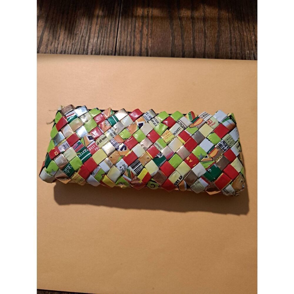 Vintage Woven Candy Wrapper Pouch Cosmetic Pencil Case Top Zip Colorful Bag